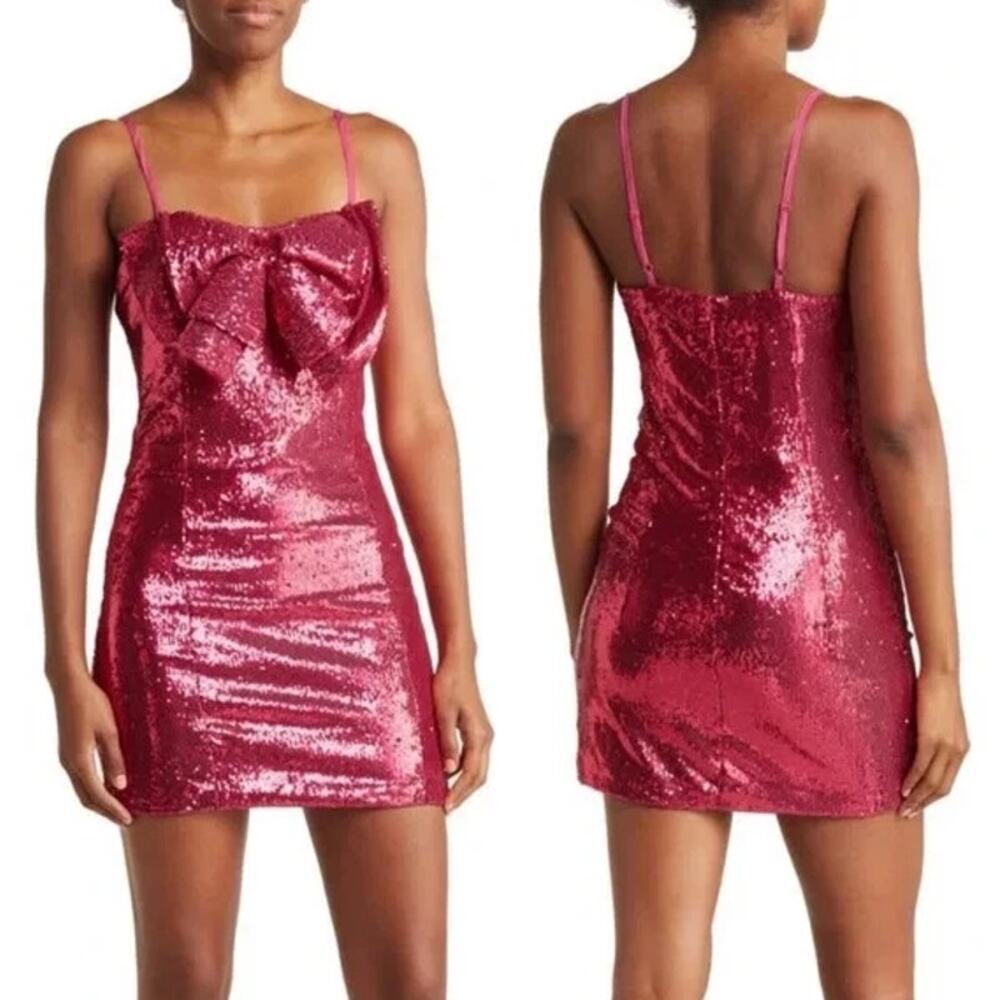 Torn by Ronny Kobo Lindsay Sequin Bow Mini Dress Tulip Pink Wome's Size L NWT